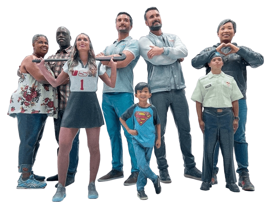 A group of detailed Shrunk 3D replica statues